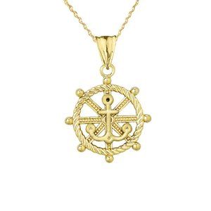 Solid 14k Gold Anchor with Roped Helm Necklace